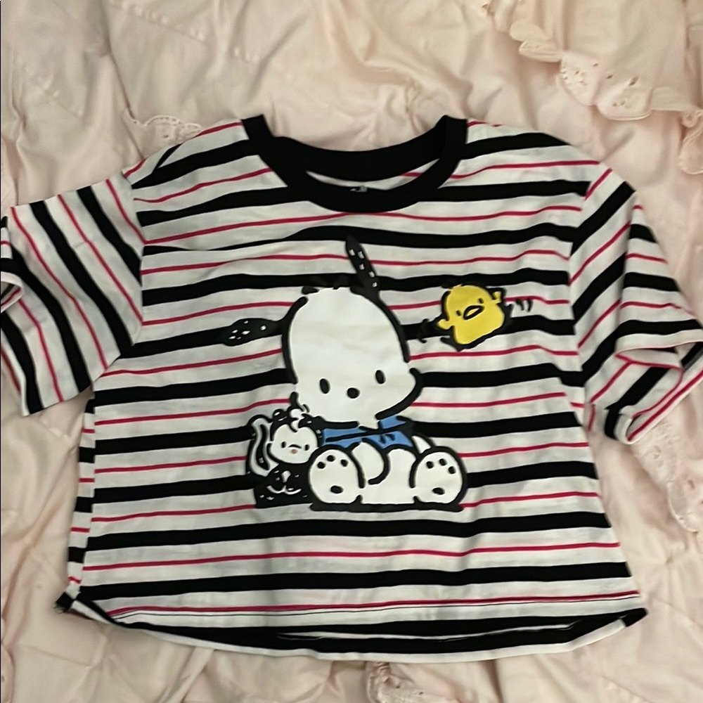 Sanrio Black and White Striped Kids Tee with Cartoon Print